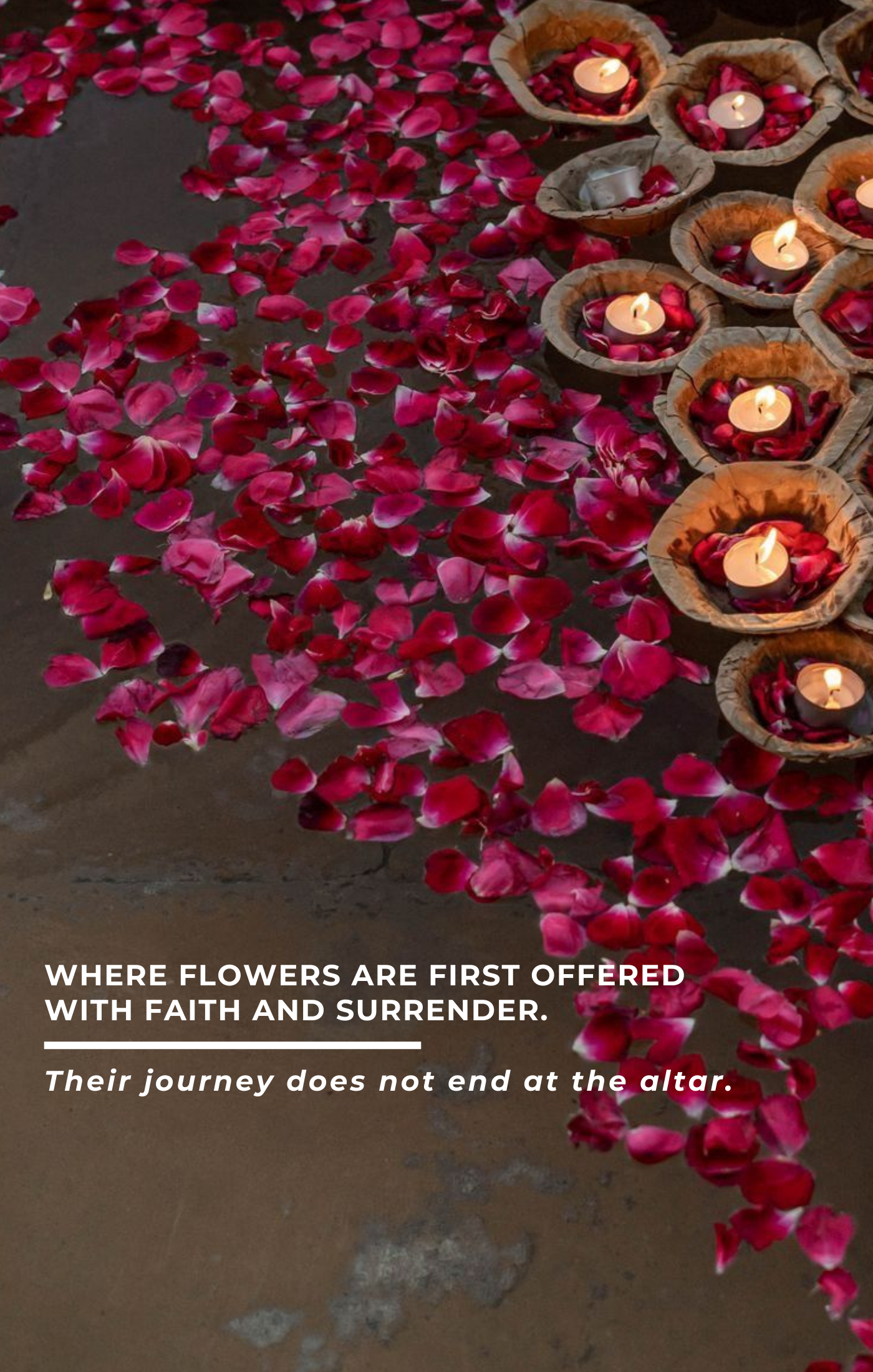 Petals and candles on water with a quote about faith and surrender.