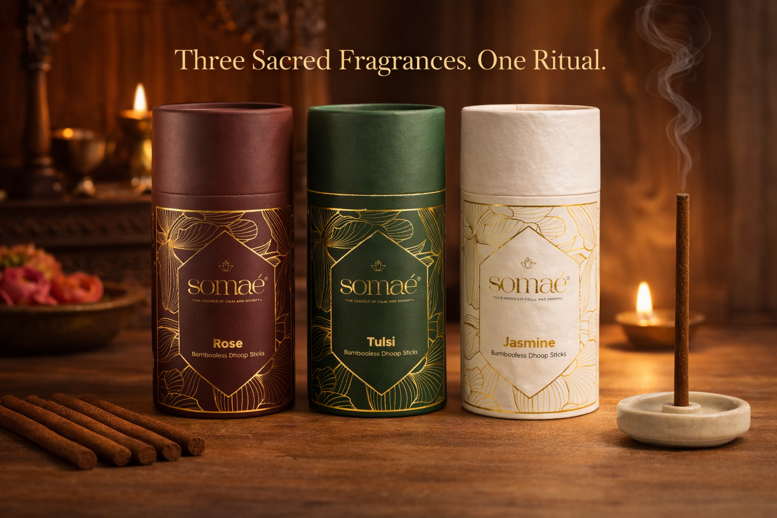 Somaé Sacred Ritual Trio – Rose, Tulsi & Jasmine – 81 Sticks (3 X 27)