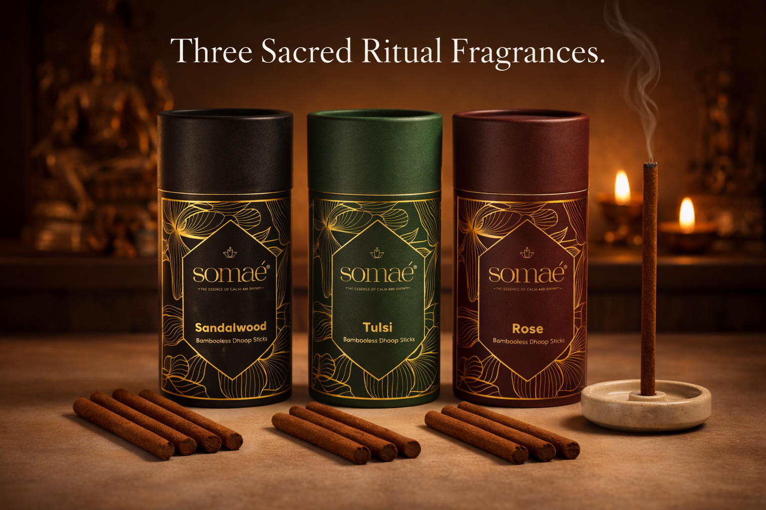 Somaé Launch Ritual Trio – Sandalwood, Tulsi & Rose – 81 Sticks (3 X 27)