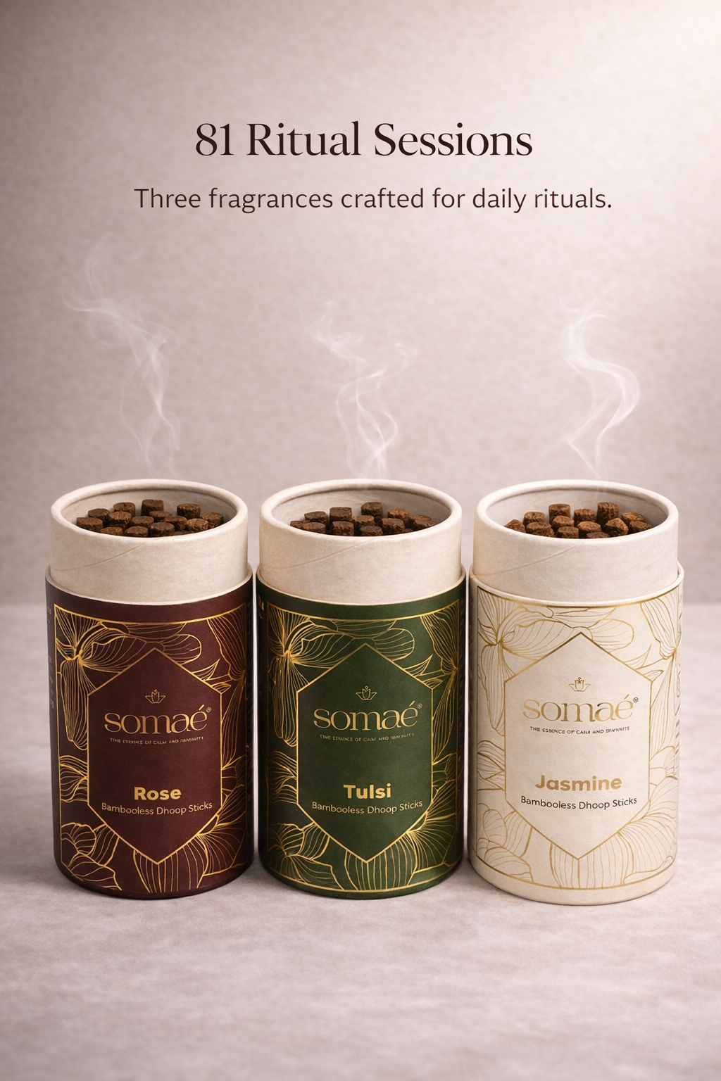 Somaé Sacred Ritual Trio – Rose, Tulsi & Jasmine – 81 Sticks (3 X 27)
