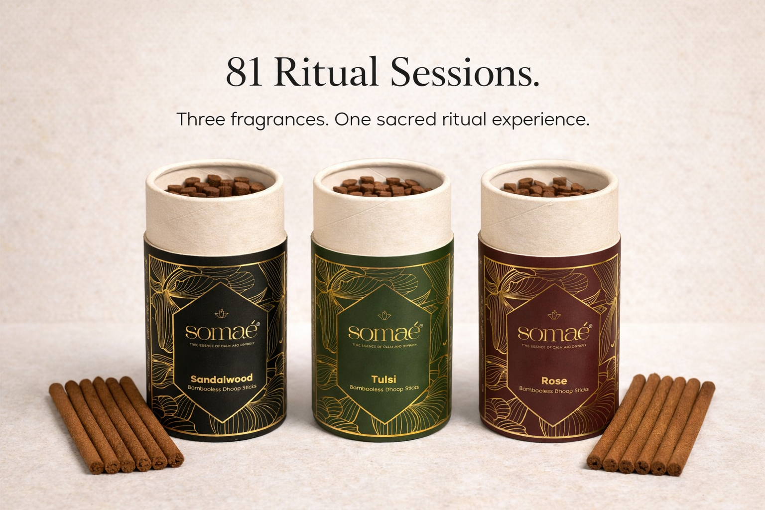 Somaé Launch Ritual Trio – Sandalwood, Tulsi & Rose – 81 Sticks (3 X 27)